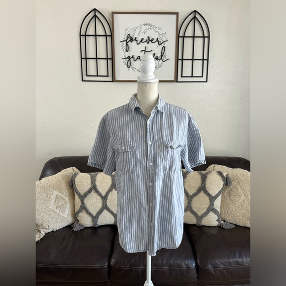 Merona Classic Blue Pinstriped Linen Blend Short Sleeve Button Down Shirt Sz M - Picture 10 of 11